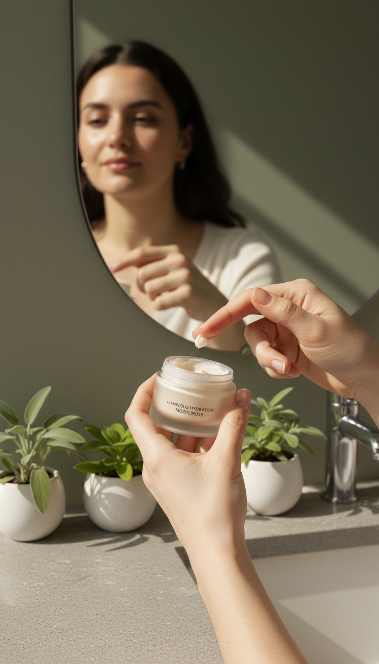 Luminous moisturizing cream in a jar in use