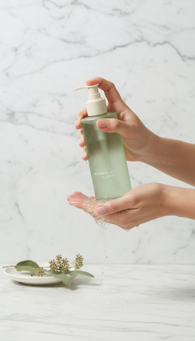 Botanical renewal cleanser with green tea in use