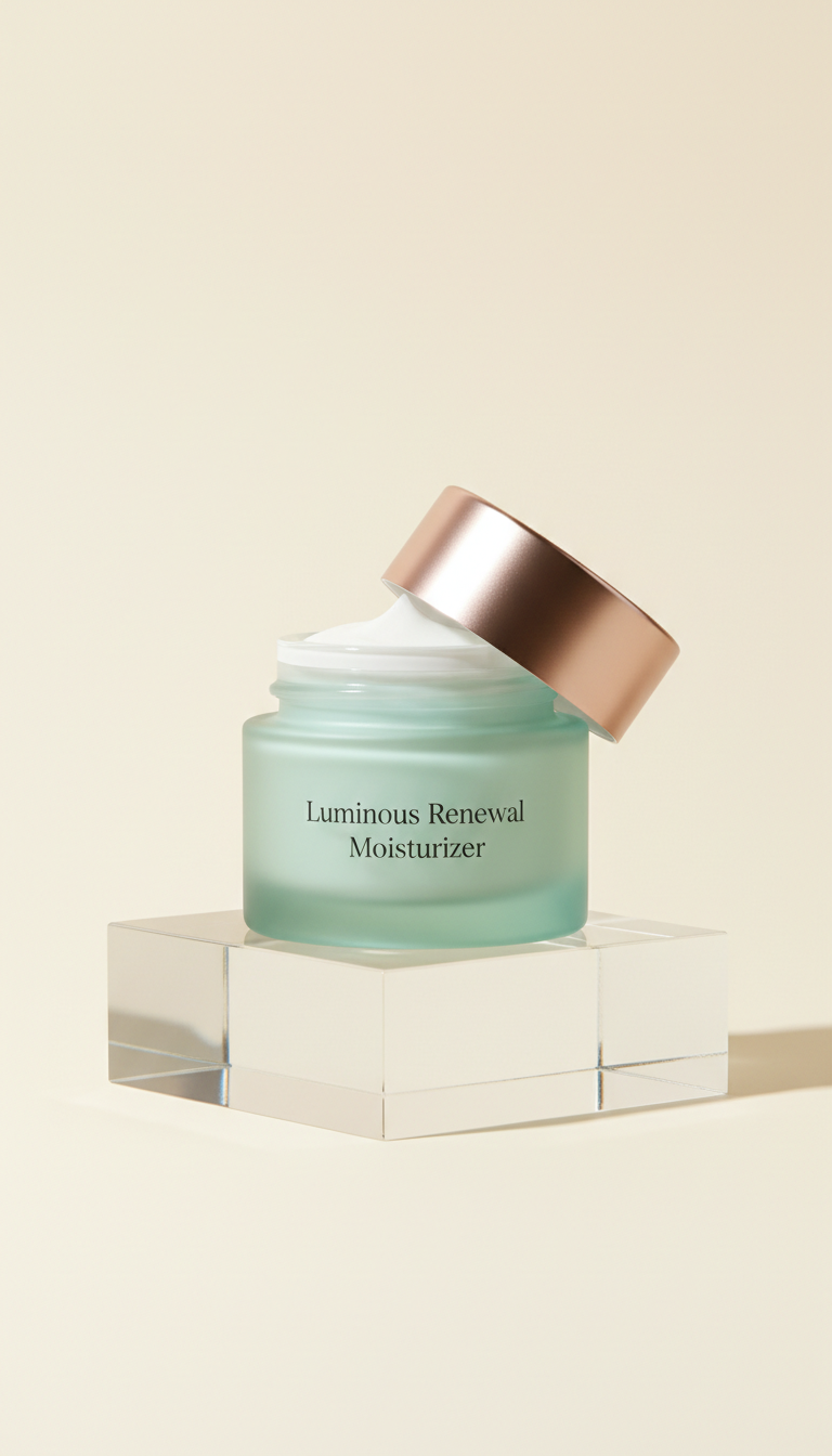 Luminous Renewal Moisturizer glass jar, Hero product at 3/4 angle on elevated glass plinth against Ivory Radiance...