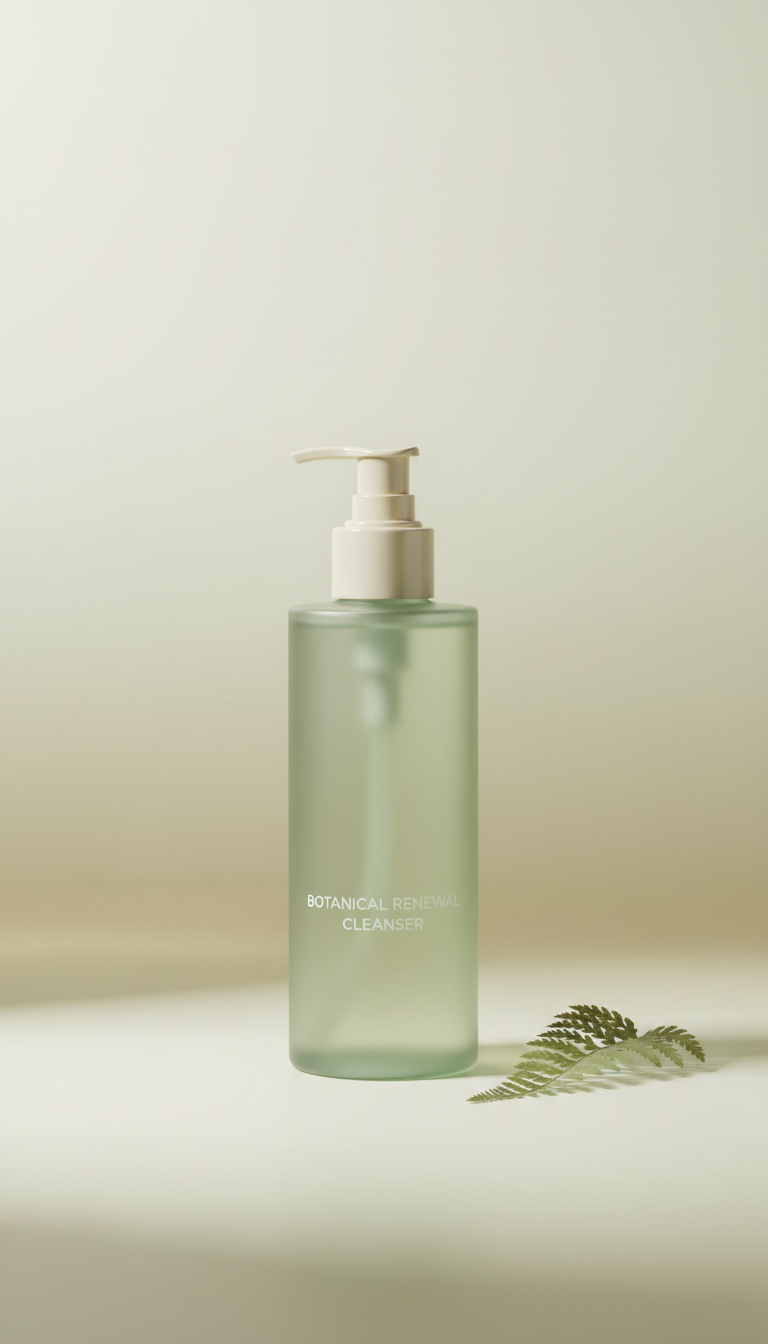 Botanical Renewal Cleanser, Products shot at 3/4 angle on softly textured off-white surfaces (soft porcelain or pale...