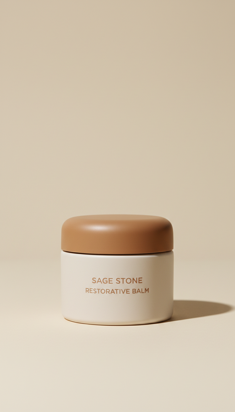 Sage Stone Restorative Balm, 3/4 angle as default — products placed on textured neutral surfaces with one hero item...