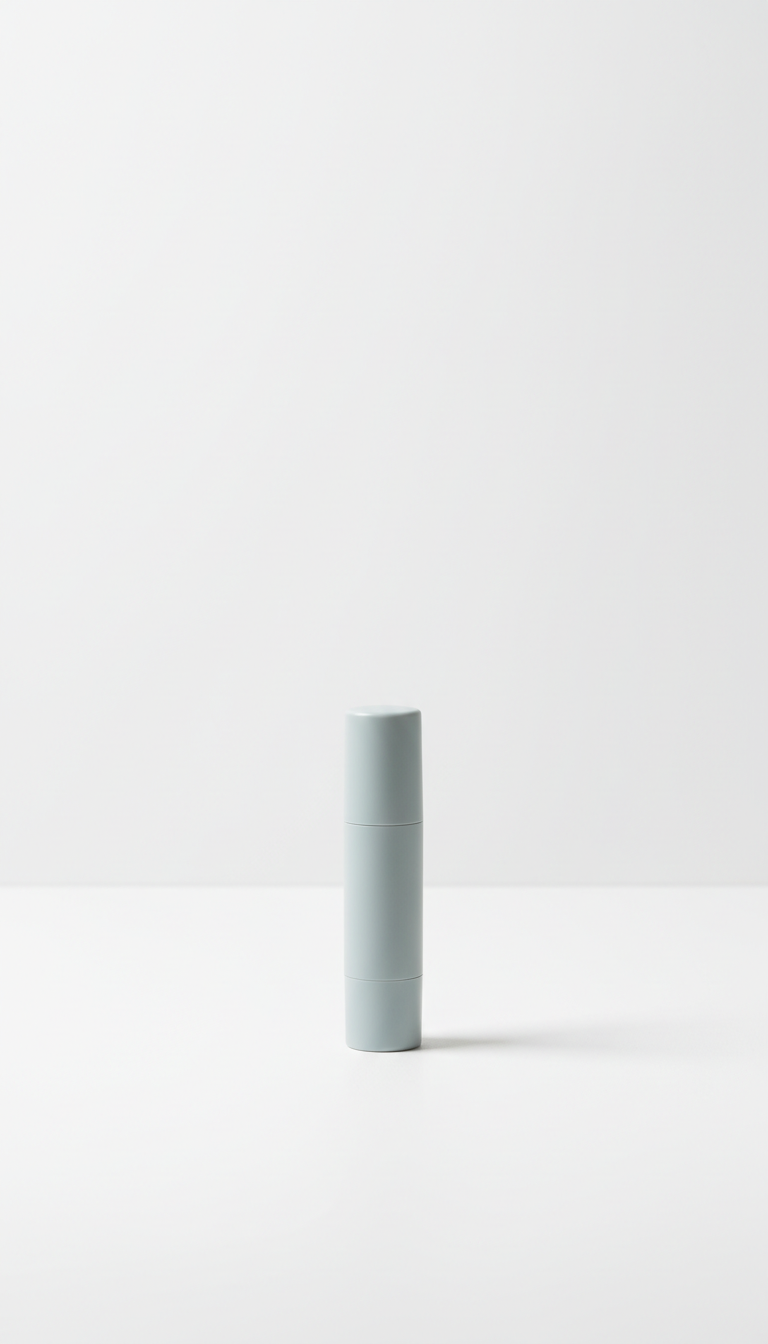 A sleek, portable SPF lip balm in Cool Grey from Urban Nomad is centered on a Cloud White surface. The product is...