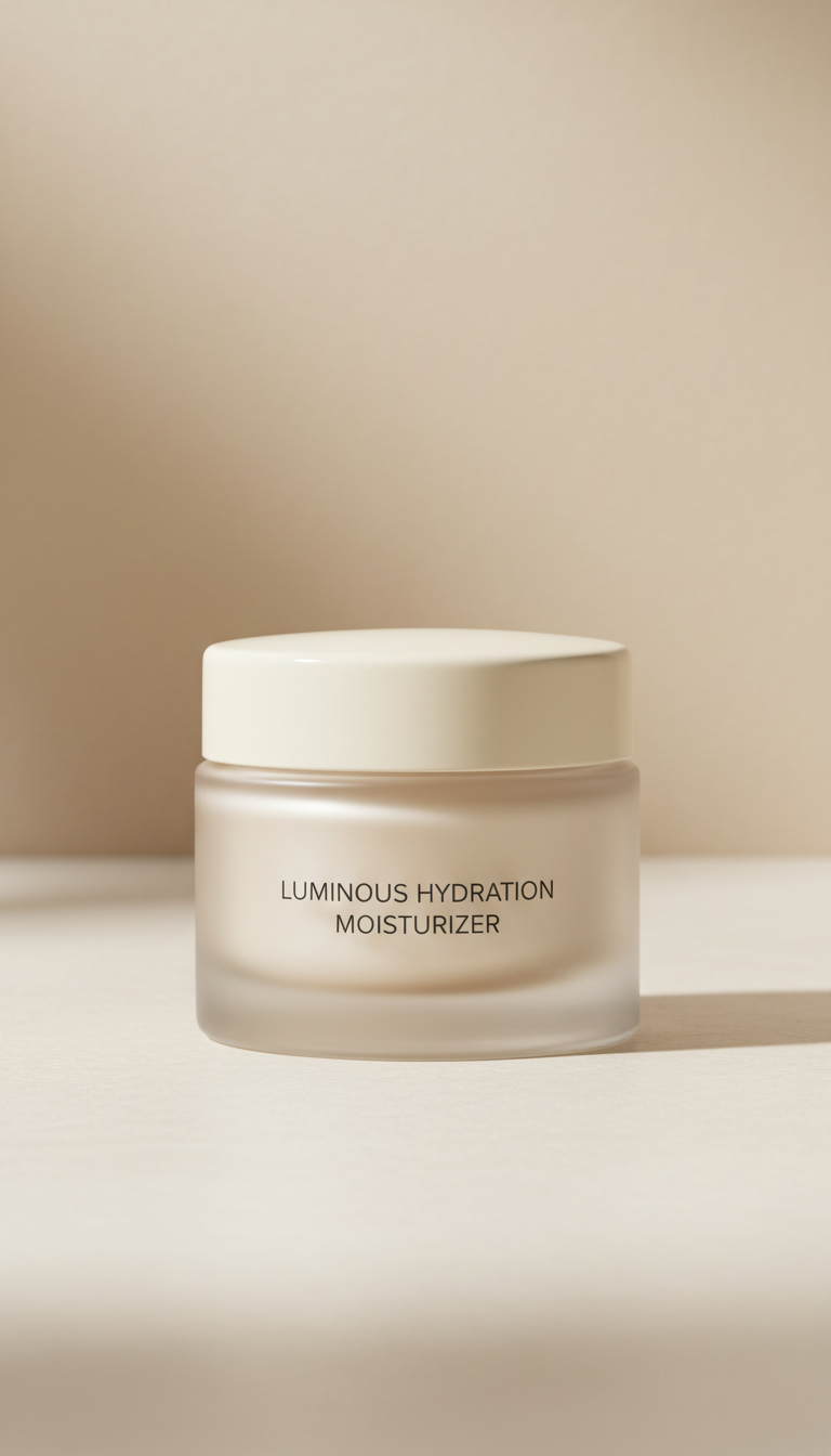 Luminous Hydration Moisturizer jar, Three-quarter angle as default to highlight both vessel shape and label details;...