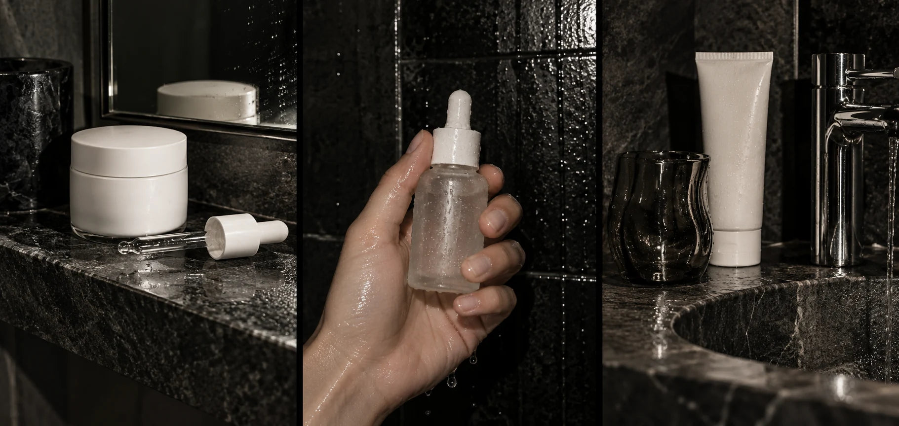 After-dark skincare editorial: bottles, bathroom tiles and chrome details